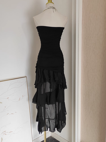 Niulatu High Low Strapless Black Chiffon Ruffles Vacation Dress Women Dresses SD140